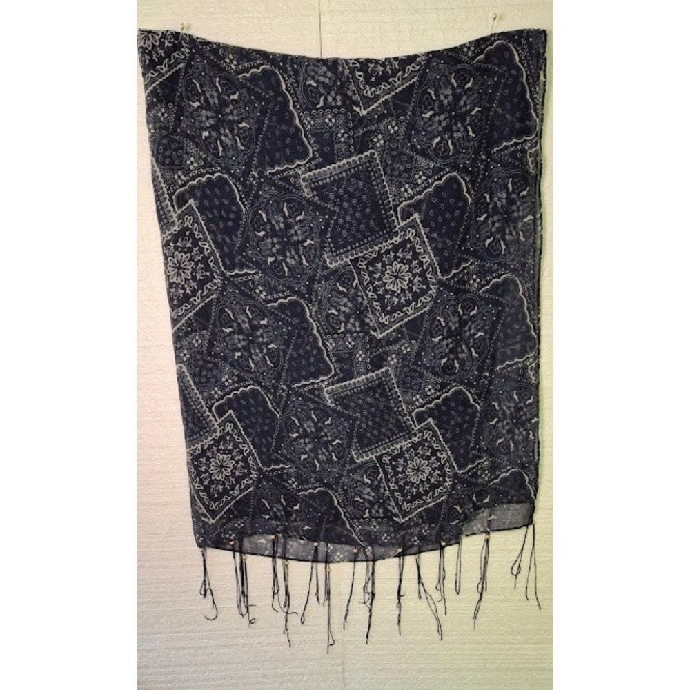 Navy Blue Bandana Patchwork Scarf Boho Fringed Beaded Shawl Wrap Rectangle